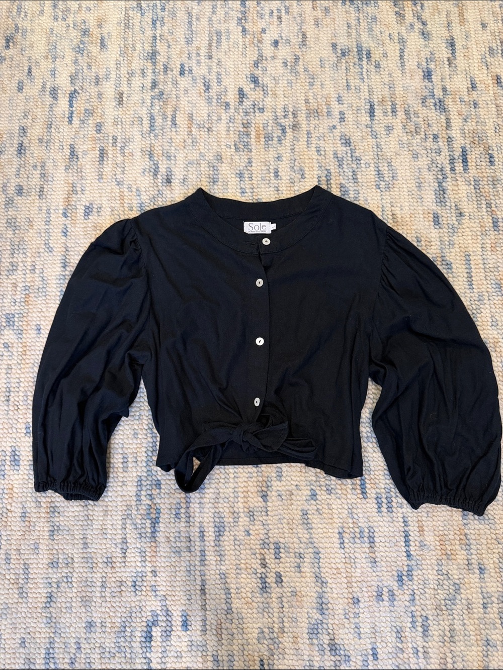 Black Tie-Front Linen Puff Sleeve Cropped Top